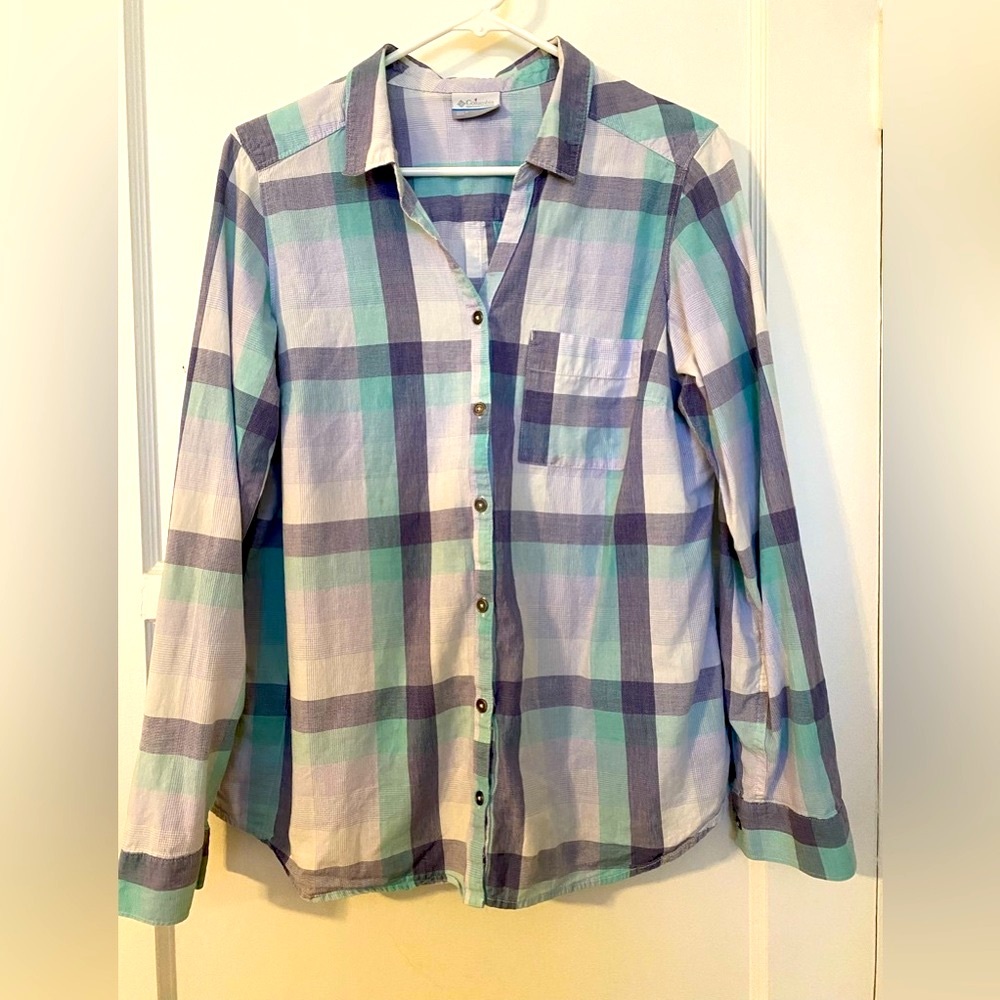 Columbia sportswear button up shirt roll-up sleeves hiking outdoors camp REI Lg - Picture 3 of 7